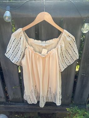 Cream Peasant Blouse with Black Embroidery